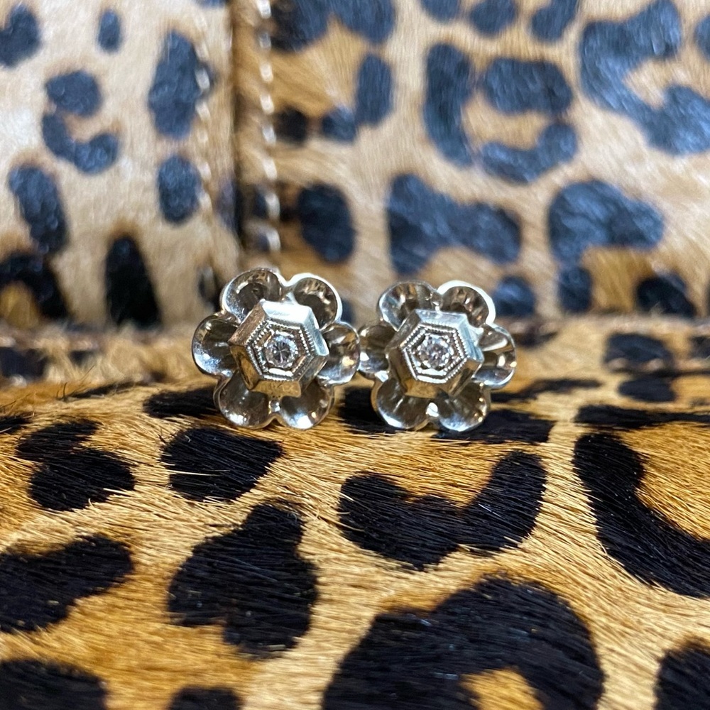 Antique screw pierced post Diamond Earrings mounted in 14k white gold